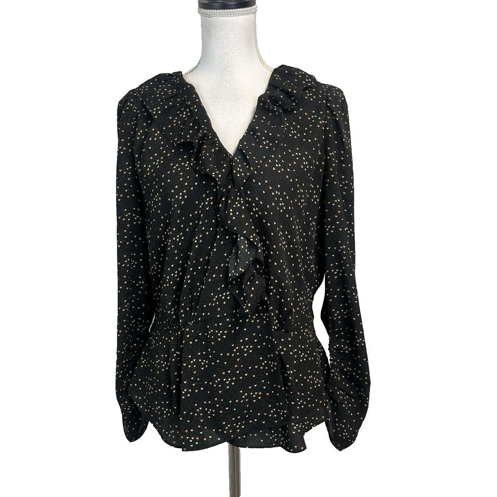 CAbi Blouse size Medium Black Pink Hearts Ruffles Modest Peasant Prairie Career